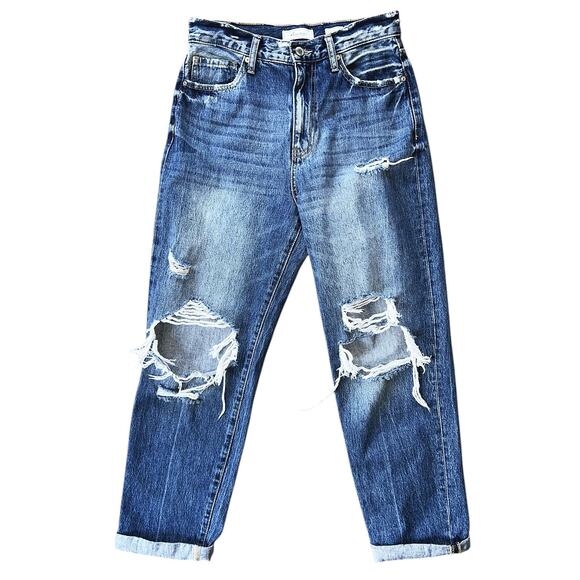 KanCan Signature High-Rise Dark-Wash Distressed Cuffed Women's Jeans 27X30 - Picture 1 of 7